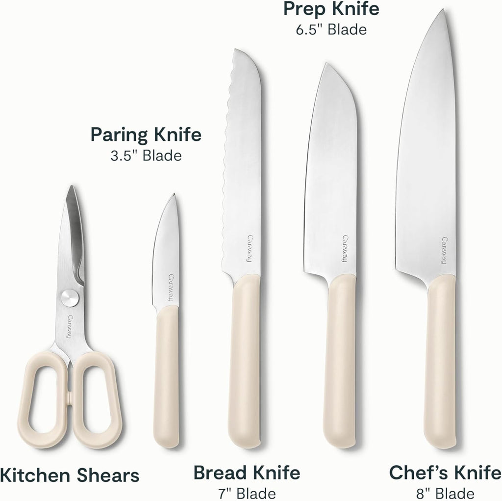 Caraway Kitchen Prep Set (14-Piece) | Premium Knife & Wooden Utensil Set with Organizer (Cream)