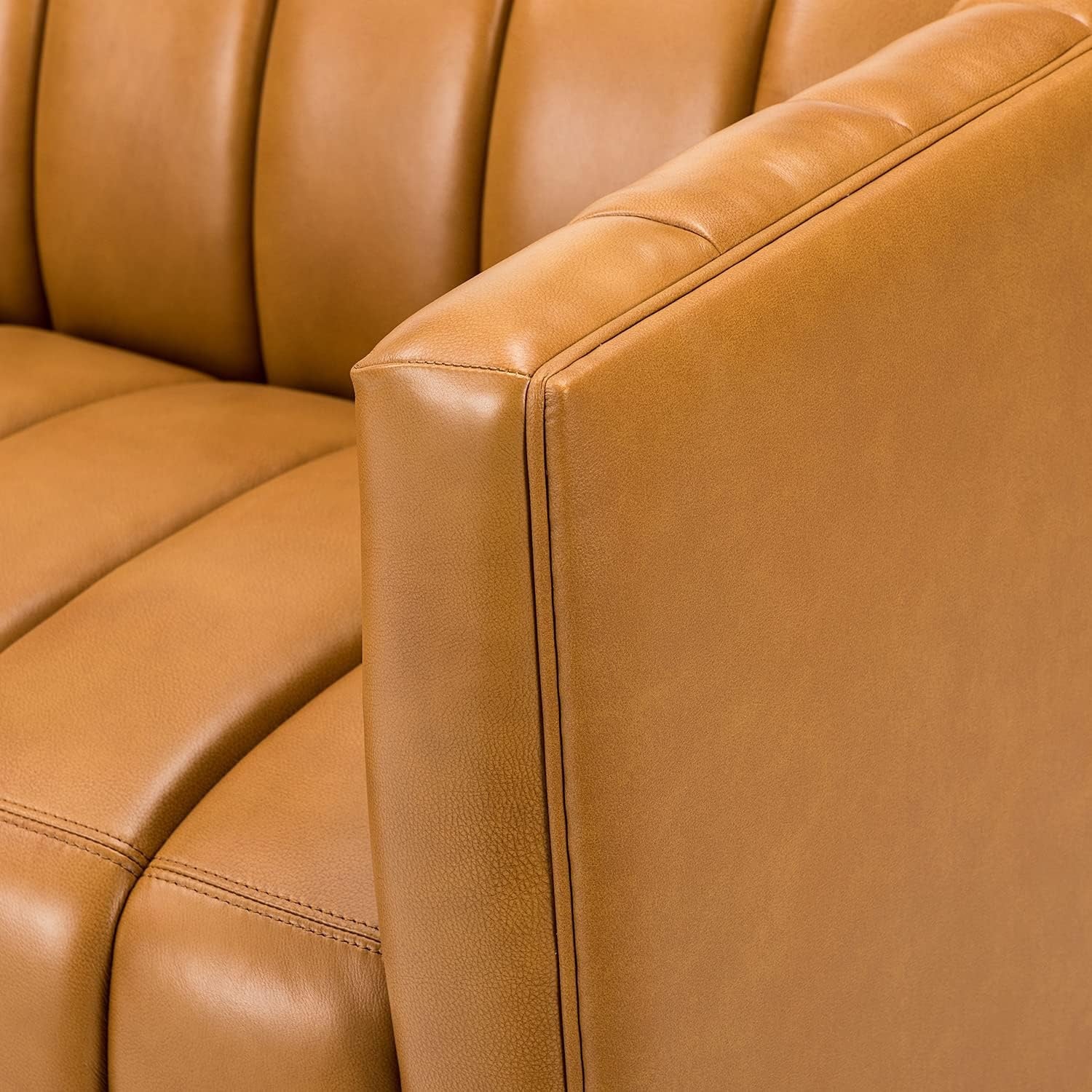 HULALA HOME 83" Genuine Leather Sofa | Channel Tufted 3-Seater Modern Camel Couch with Wood Legs