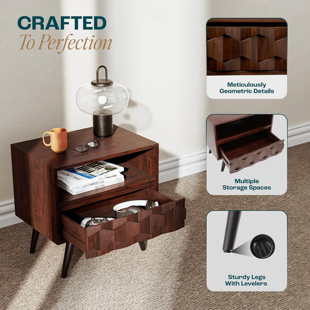 Bme Georgina Solid Wood Nightstand | Mid-Century Modern Bedside Table with Drawer & Open Shelf