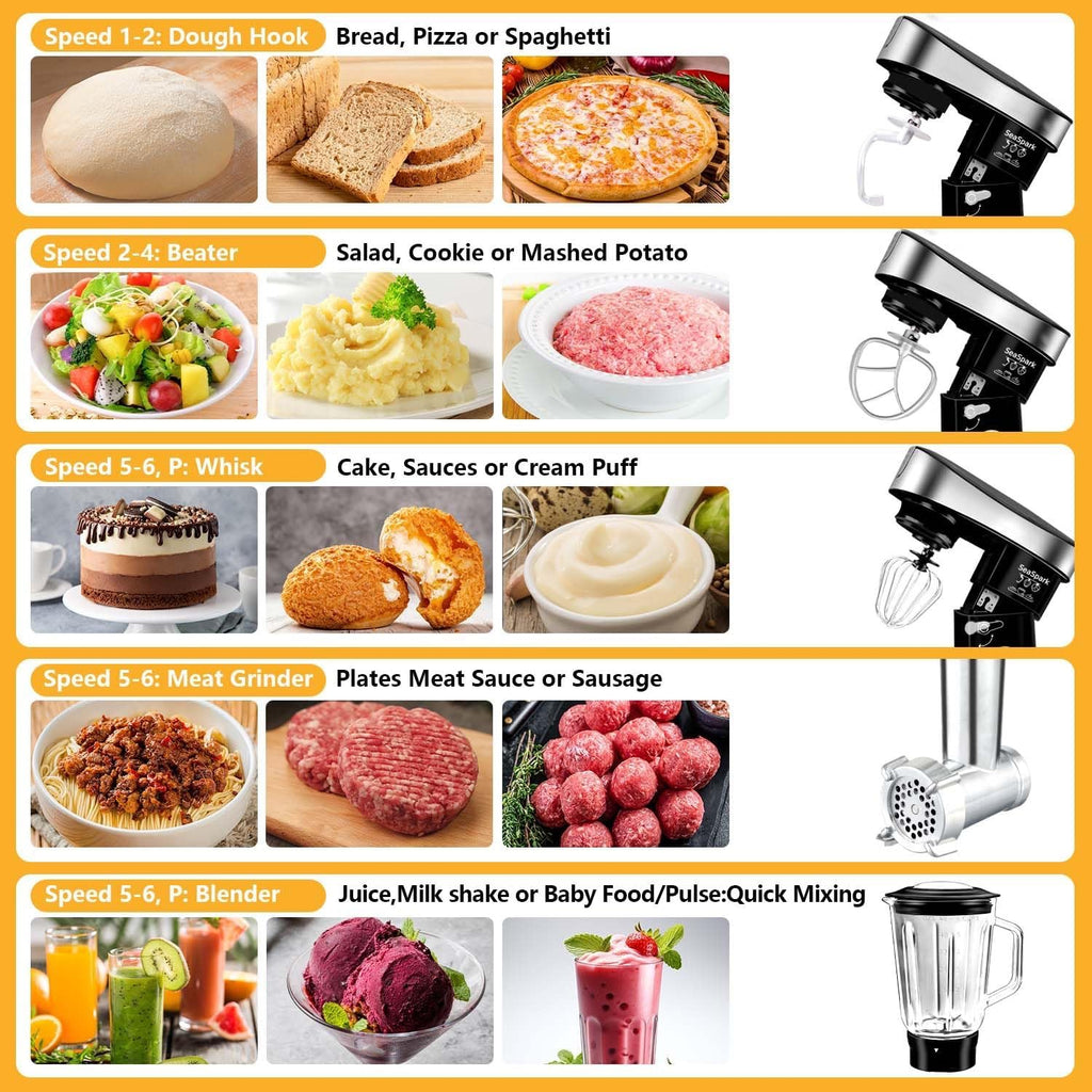 Professional 6-in-1 Stand Mixer 6.3Qt | Tilt-Head Kitchen Mixer with Meat Grinder & Juice Blender (Black)