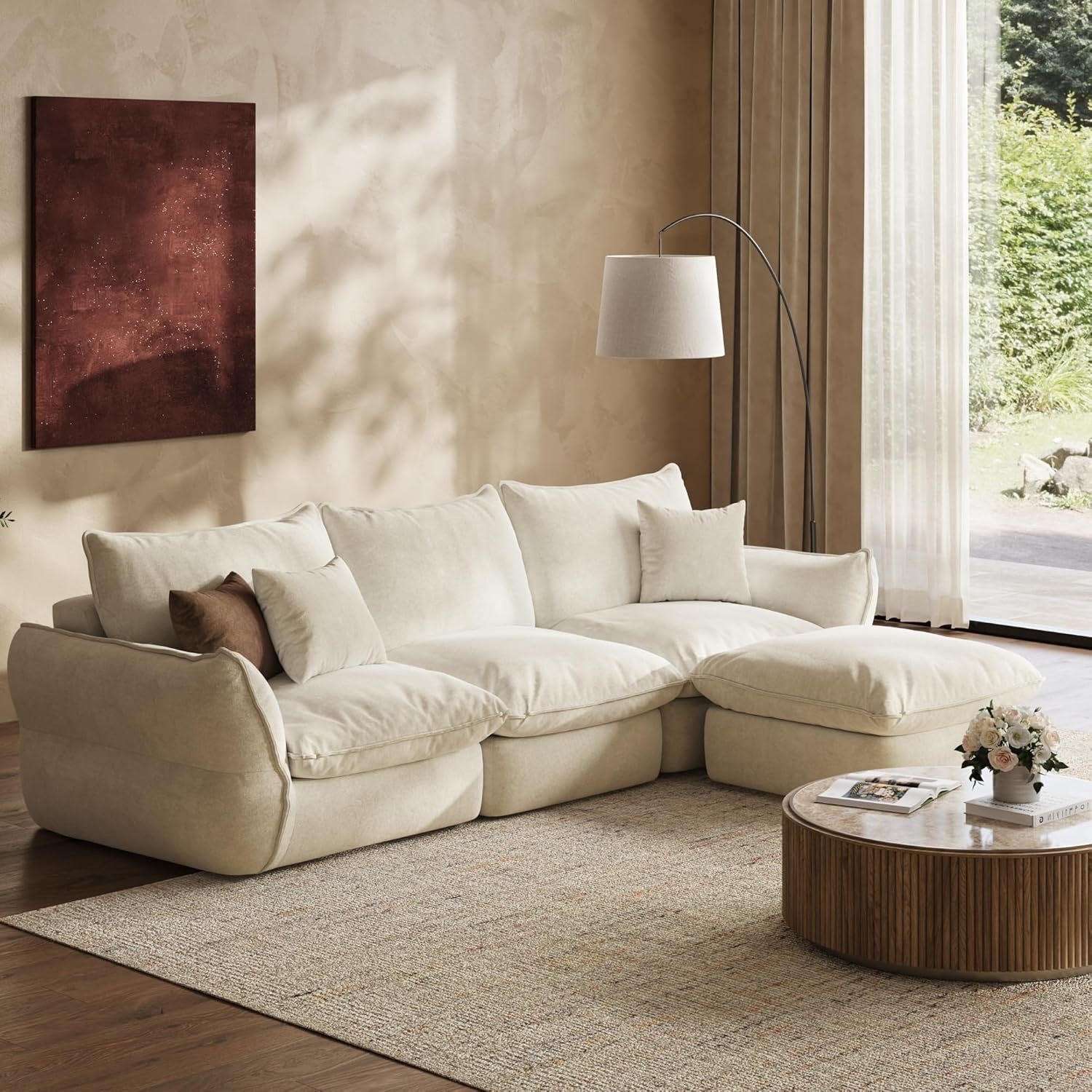 Ivory White L Shaped Sectional Sofa 106 Inch | Down Blend Cloud Couch with Deep Seats