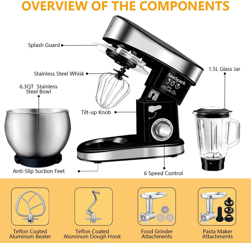Professional 6-in-1 Stand Mixer 6.3Qt | Tilt-Head Kitchen Mixer with Meat Grinder & Juice Blender (Black)