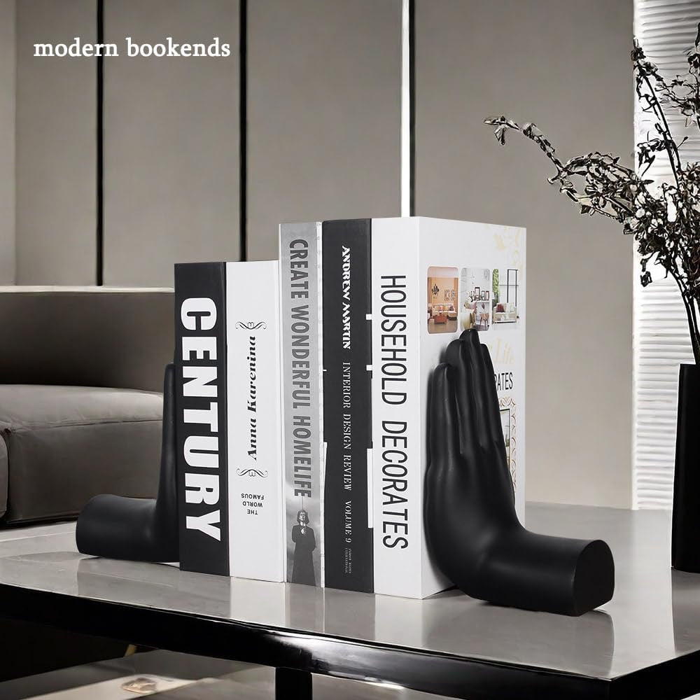 Praying Hands Decorative Bookends | Modern Black Resin Book Ends for Shelves – 8.5"