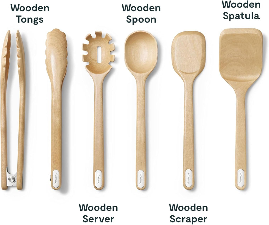 Caraway Kitchen Prep Set (14-Piece) | Premium Knife & Wooden Utensil Set with Organizer (Cream)