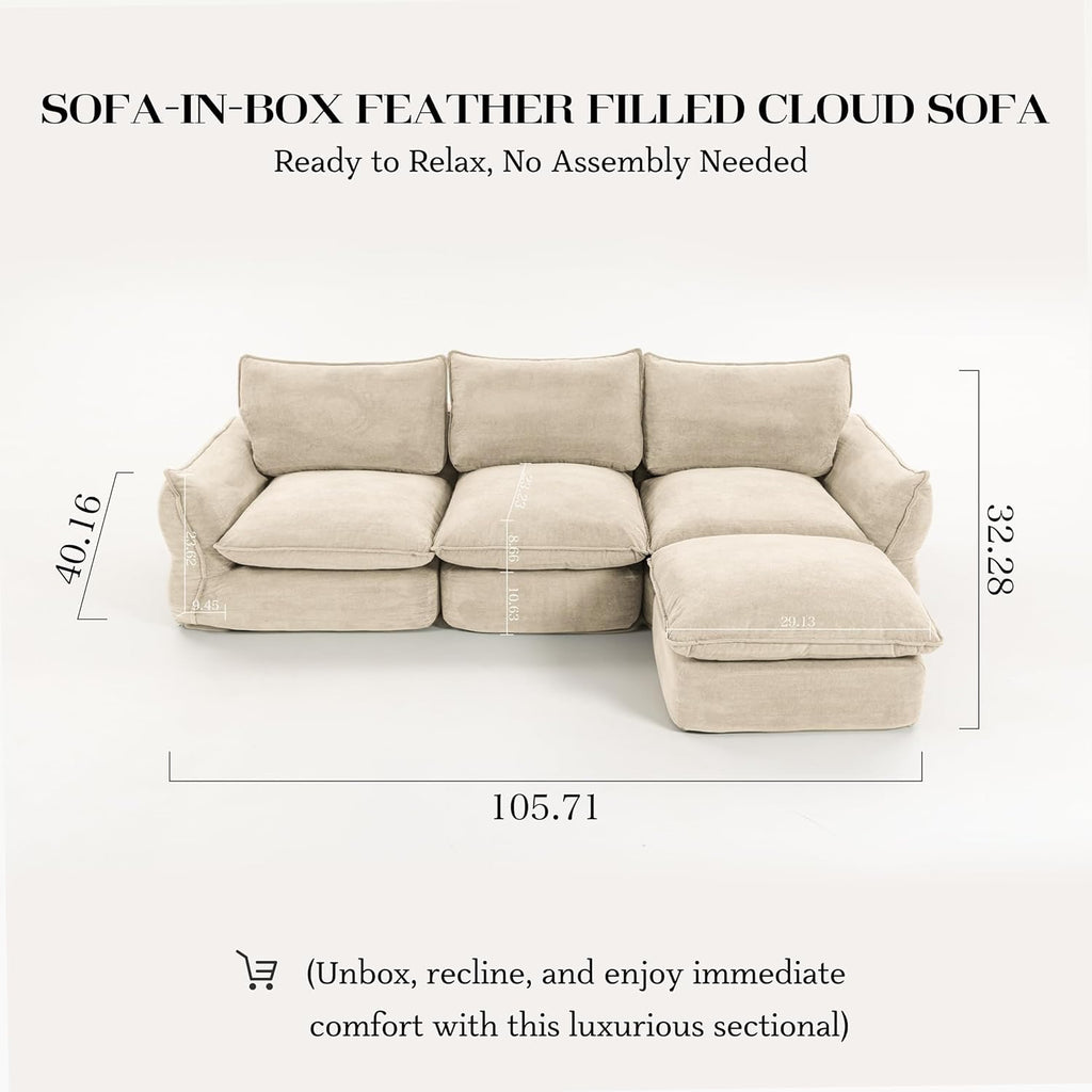 Ivory White L Shaped Sectional Sofa 106 Inch | Down Blend Cloud Couch with Deep Seats