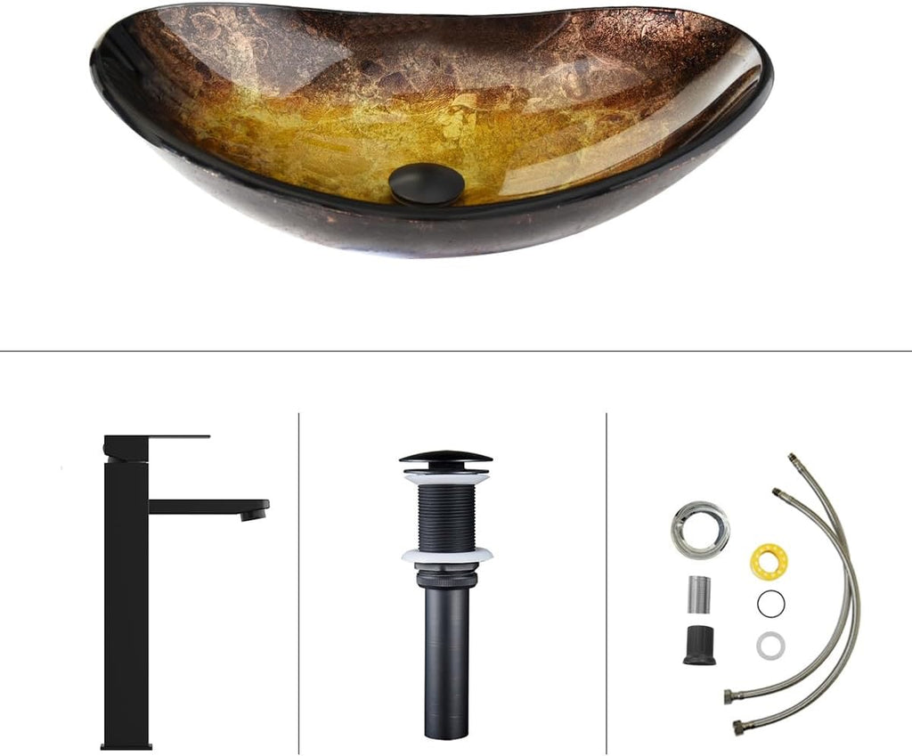 Boat-Shaped Gold Artistic Glass Vessel Sink | Bathroom Vanity Basin with Black Faucet & Pop-Up Drain Set