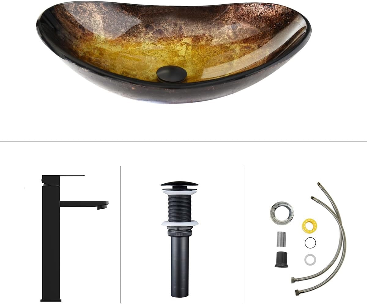 Boat-Shaped Gold Artistic Glass Vessel Sink | Bathroom Vanity Basin with Black Faucet & Pop-Up Drain Set