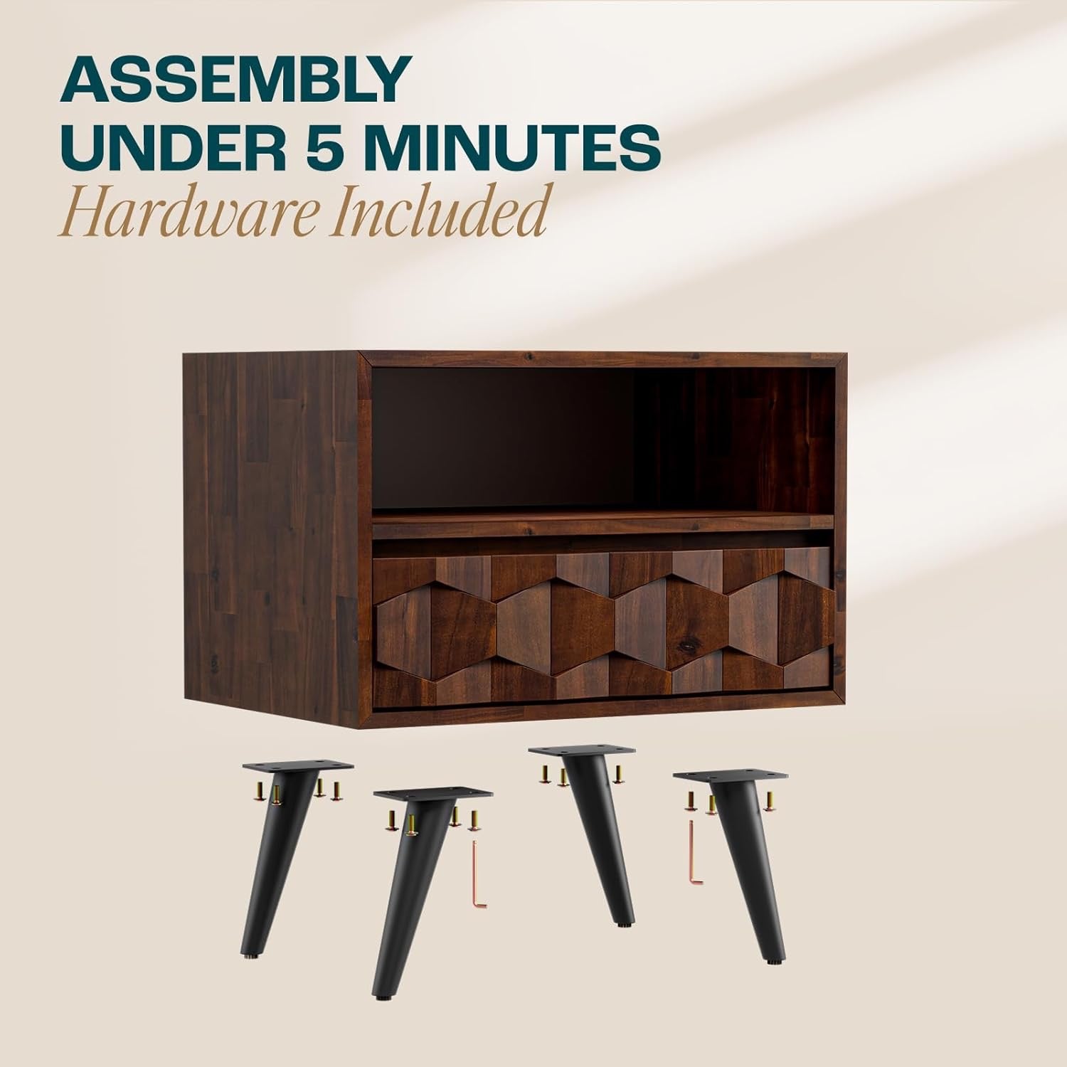 Bme Georgina Solid Wood Nightstand | Mid-Century Modern Bedside Table with Drawer & Open Shelf