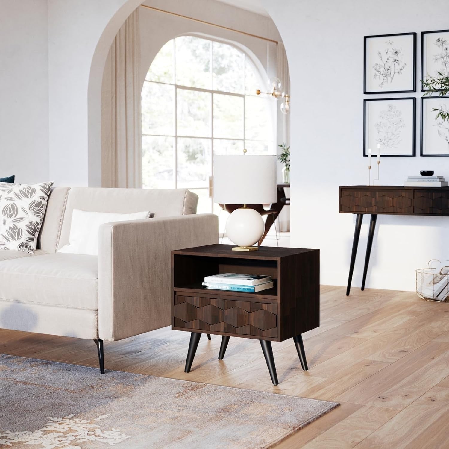 Bme Georgina Solid Wood Nightstand | Mid-Century Modern Bedside Table with Drawer & Open Shelf