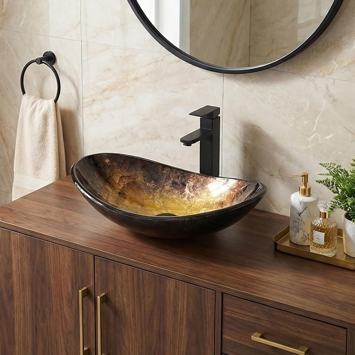 Boat-Shaped Gold Artistic Glass Vessel Sink | Bathroom Vanity Basin with Black Faucet & Pop-Up Drain Set