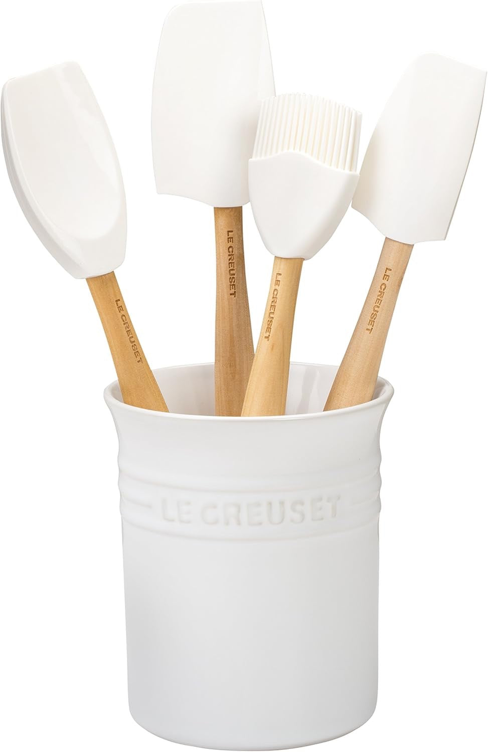 Le Creuset Silicone Craft Series Utensil Set 5 Piece White Stoneware Crock Nonstick Safe Heat Resistant