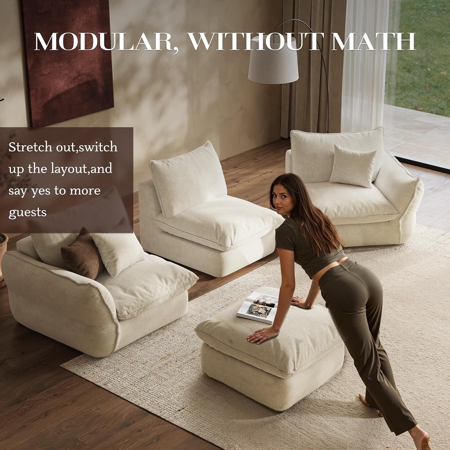 Ivory White L Shaped Sectional Sofa 106 Inch | Down Blend Cloud Couch with Deep Seats