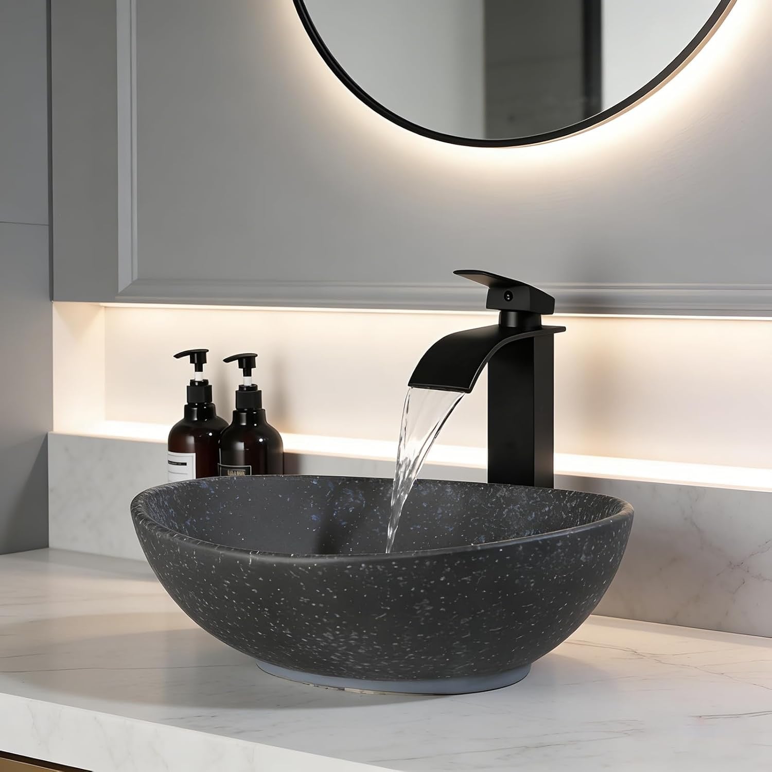 Black Oval Ceramic Vessel Sink | Above Counter Bathroom Bowl with Faucet & Drain Combo