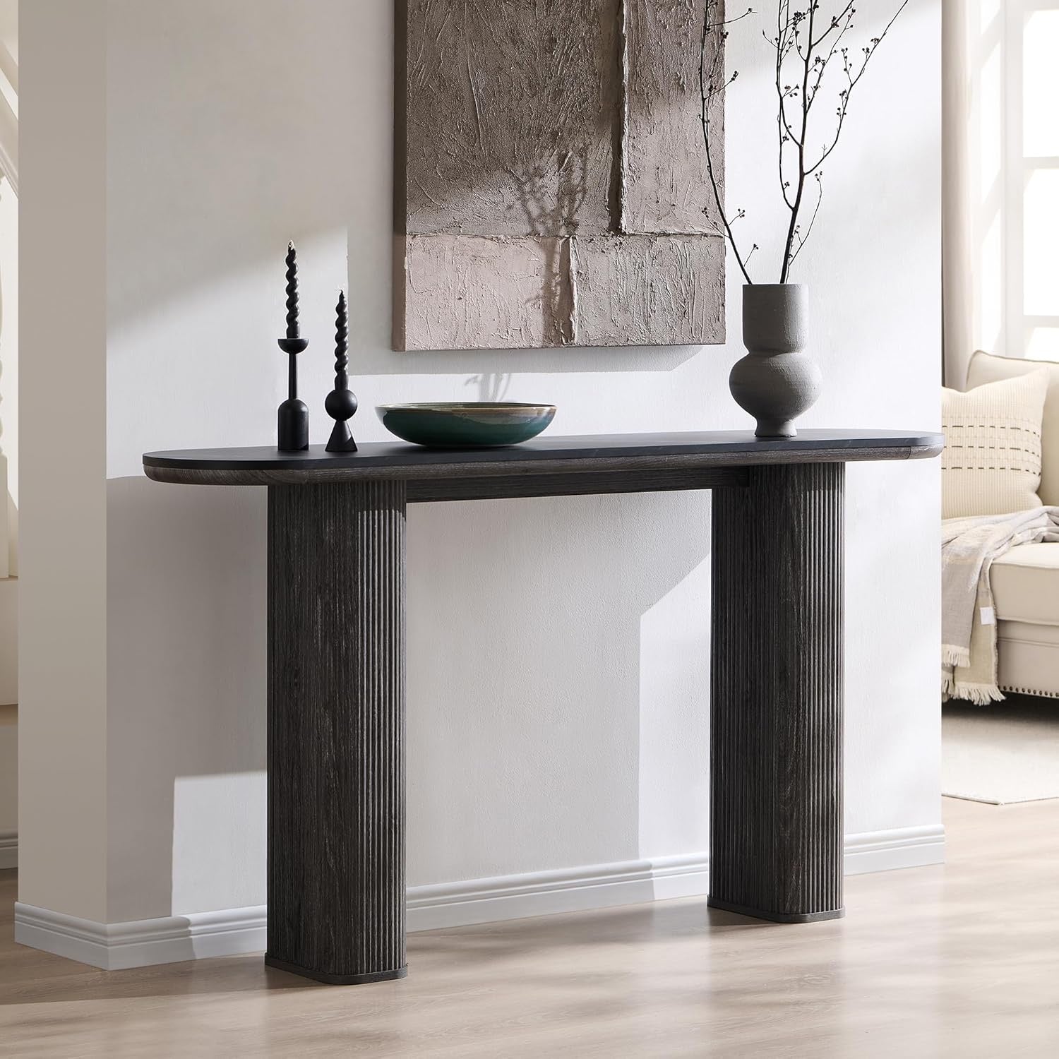 OKD 63” Fluted Console Table | Faux Marble Arc Top Entryway Sofa Table – Natural Oak