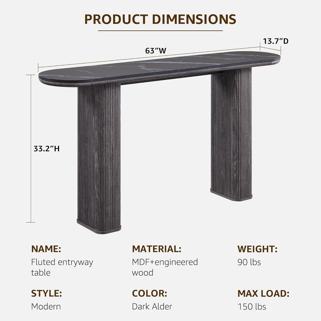 OKD 63” Fluted Console Table | Faux Marble Arc Top Entryway Sofa Table – Natural Oak