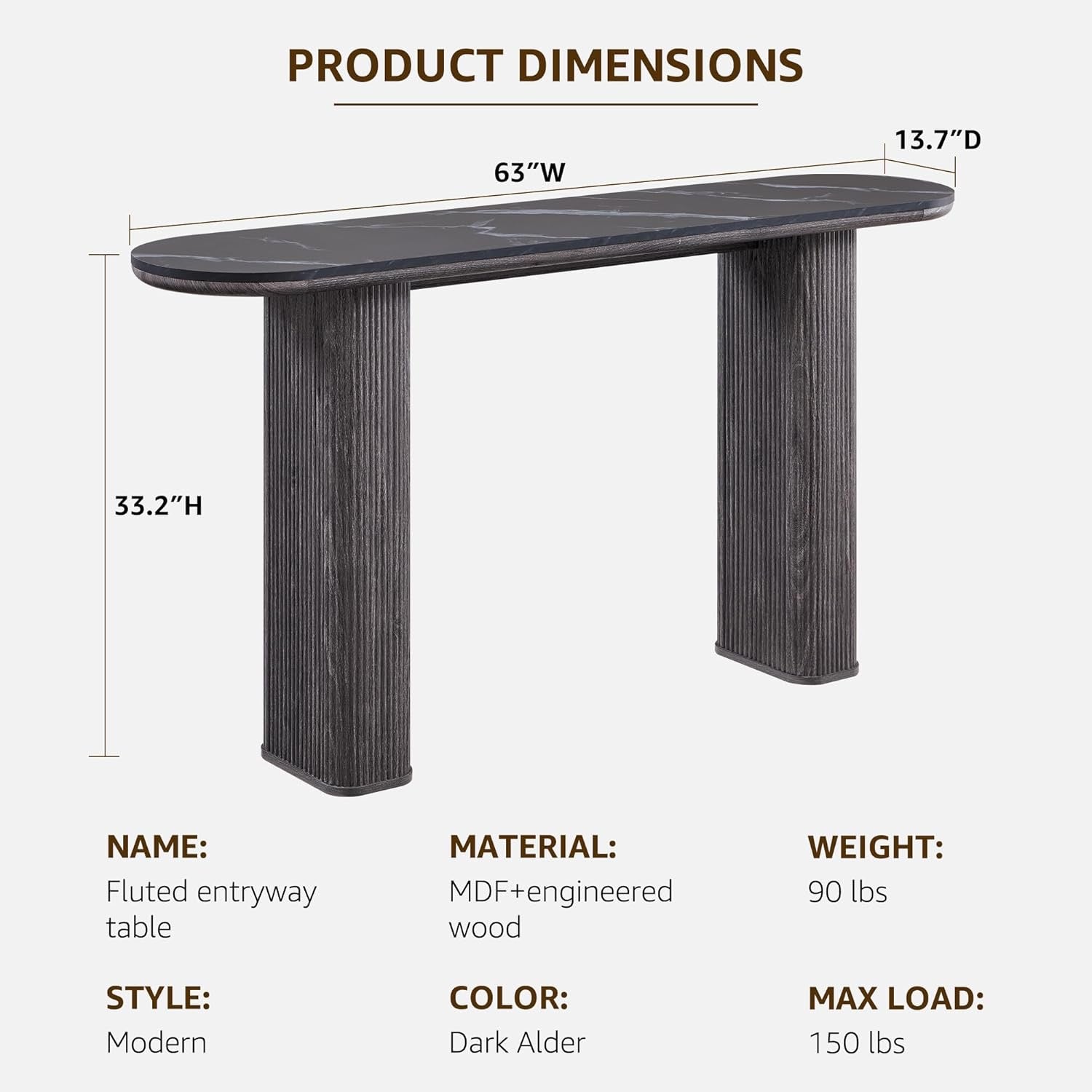 OKD 63” Fluted Console Table | Faux Marble Arc Top Entryway Sofa Table – Natural Oak