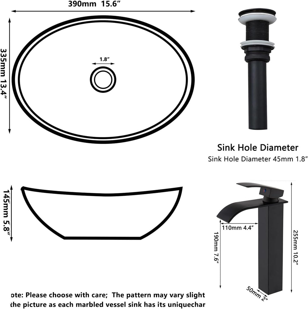 Black Oval Ceramic Vessel Sink | Above Counter Bathroom Bowl with Faucet & Drain Combo