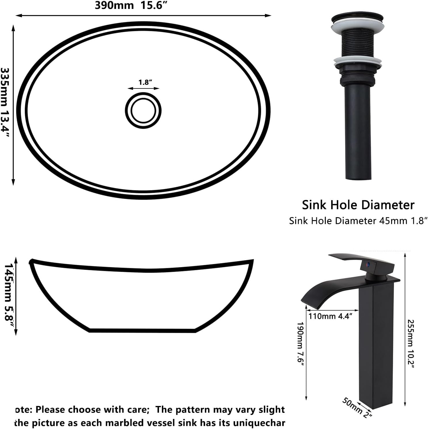 Black Oval Ceramic Vessel Sink | Above Counter Bathroom Bowl with Faucet & Drain Combo