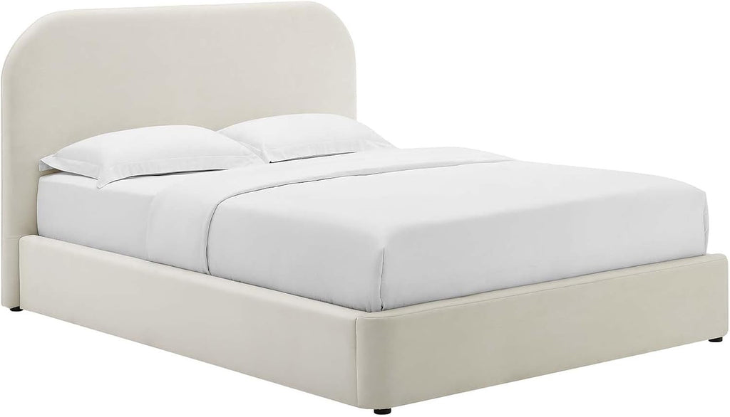 Modway Keynote King Upholstered Platform Bed | Curved Low-Profile Alabaster Velvet Cloud Frame