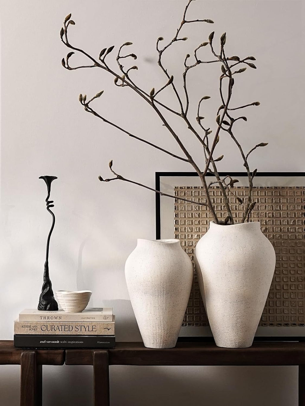 White Ceramic Floor Vase | 11.8" Sandstone Textured Decorative Vase