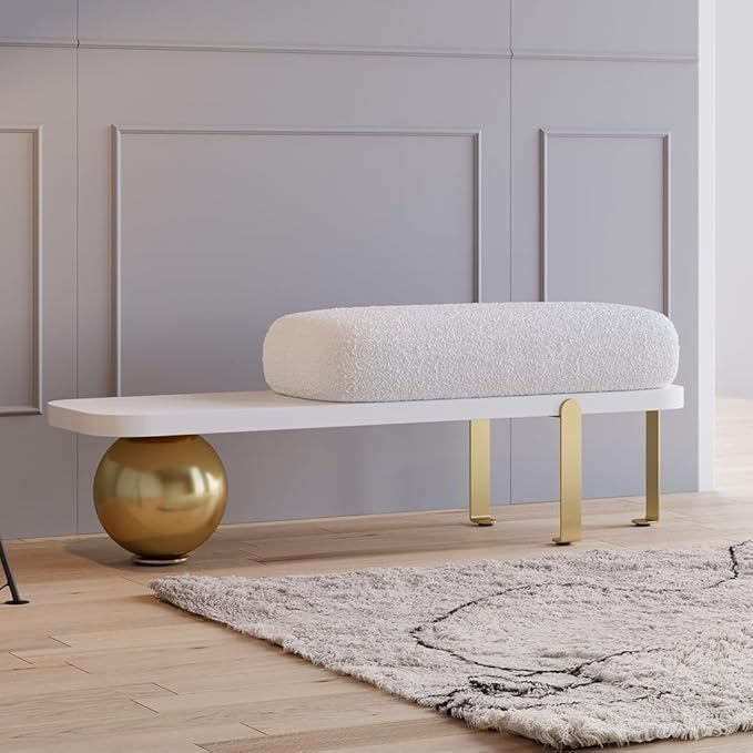 Homary Modern Boucle Entryway Bench – Upholstered Wooden Bench with Abstract Metal Legs