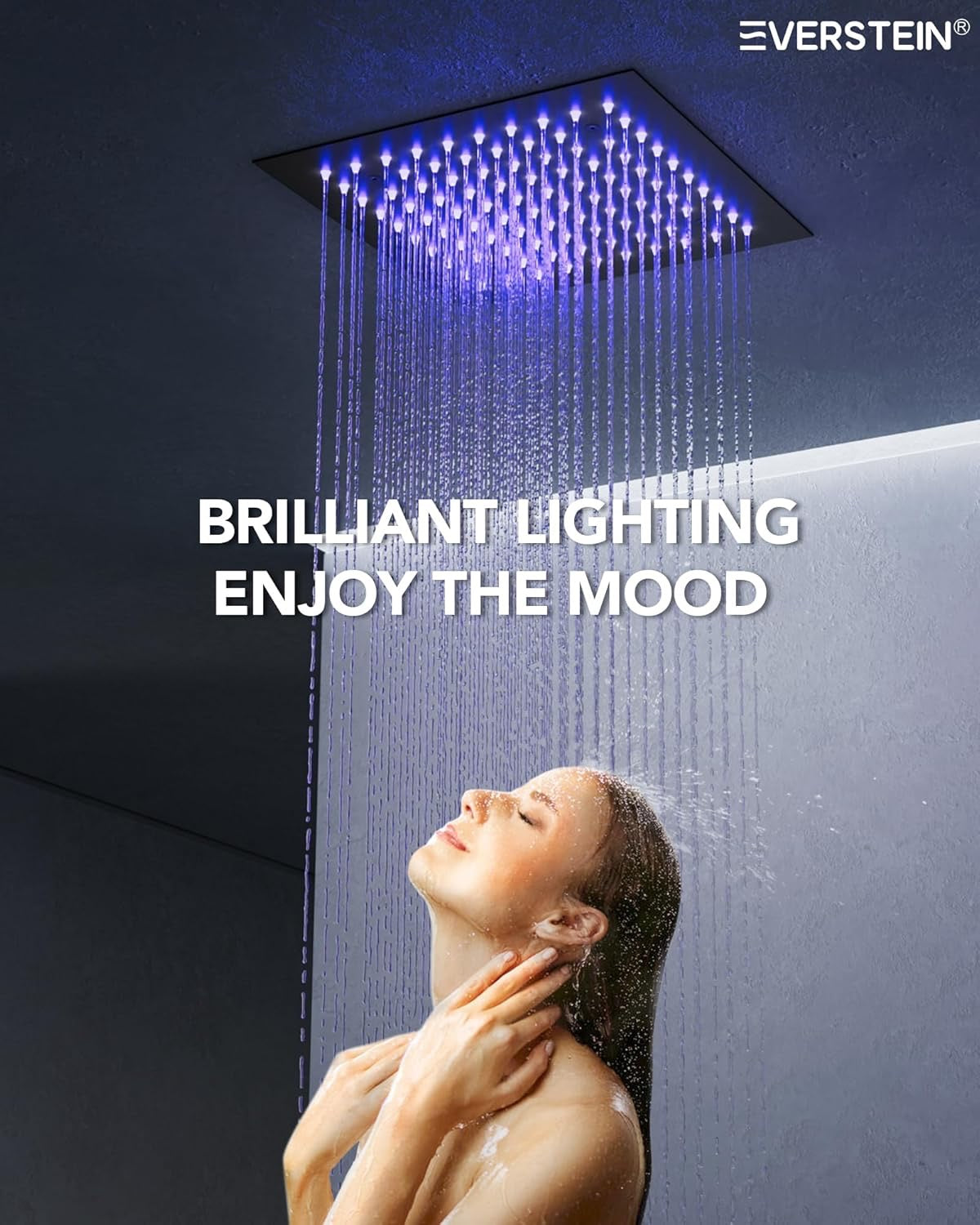 12” Ceiling Mount LED Rainfall Shower System | Matte Black Dual Shower Head with 64-Color Mood Lighting
