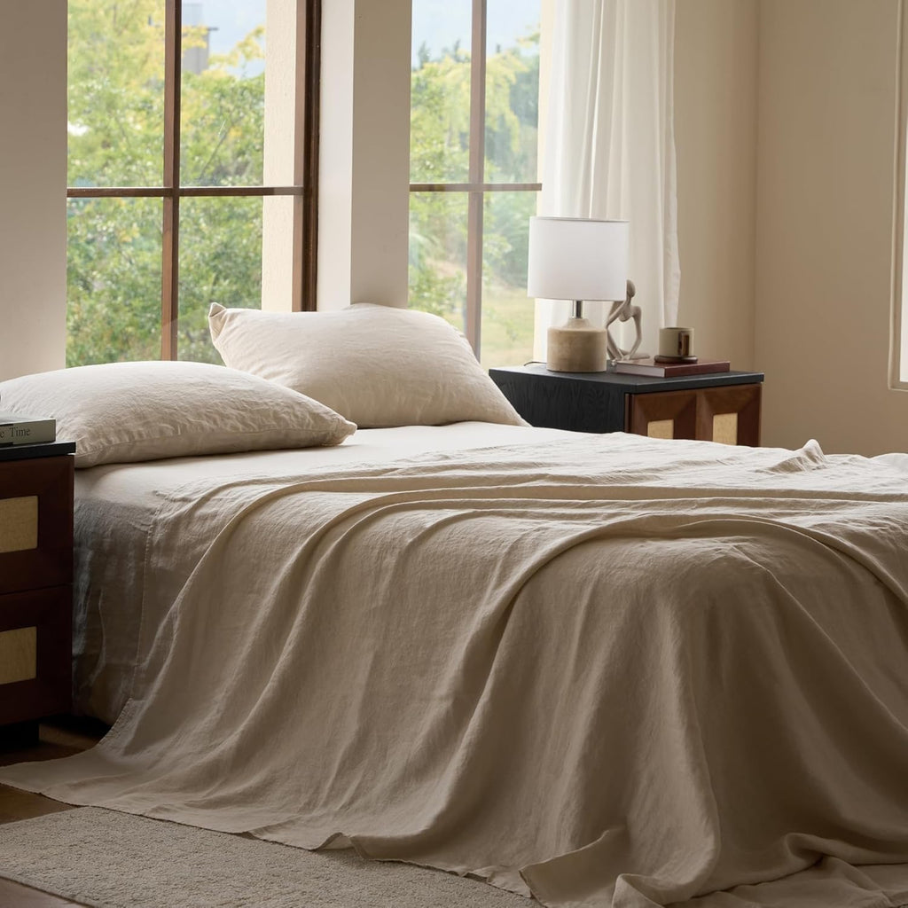 SIJO Stone Washed Organic French Linen Sheet Set King | GOTS Certified Cooling Linen Sheets Breathable Luxury Bedding
