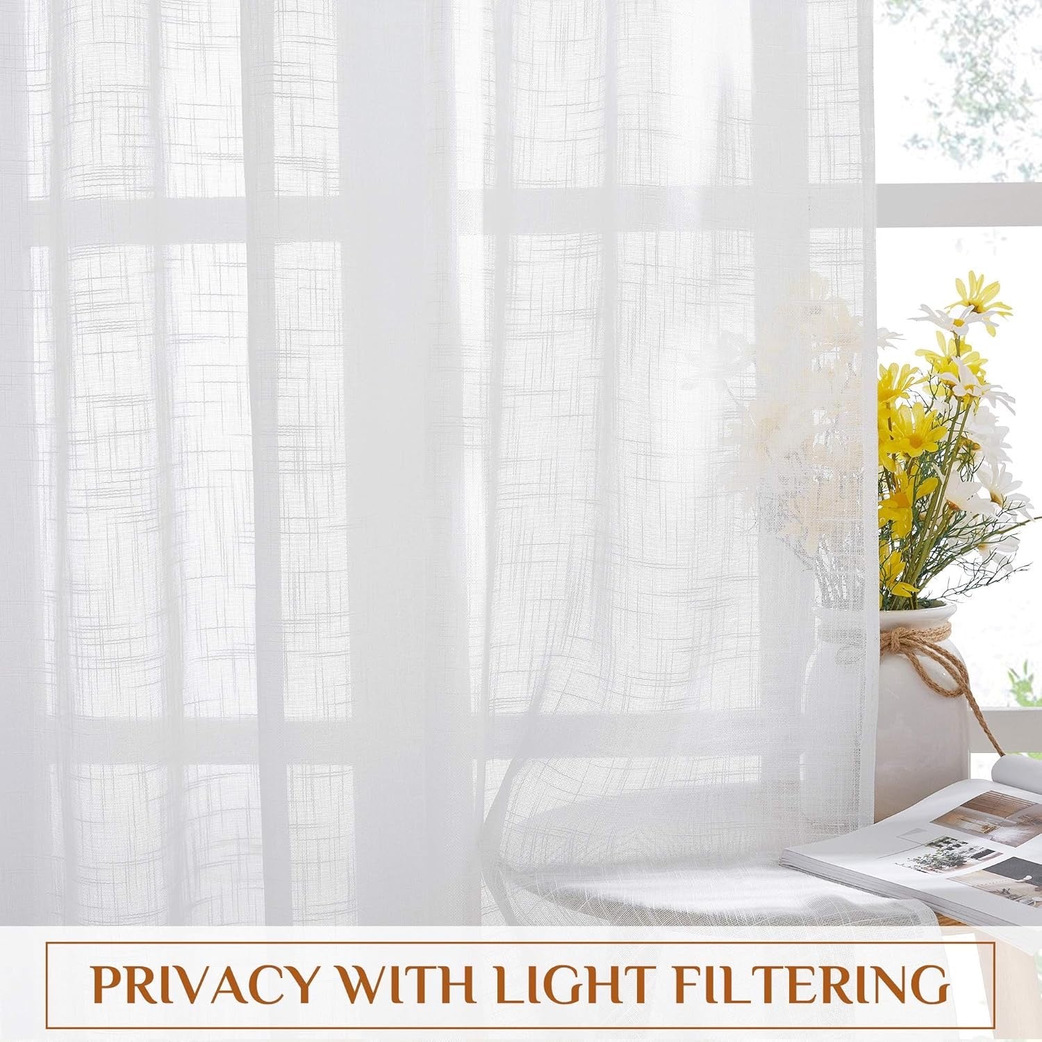 NICETOWN White Linen Sheer Curtains – Semi-Transparent Window Panels for Living Room & Sliding Glass Doors