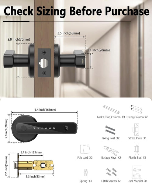 Asidrama Smart Fingerprint Door Lock | Keyless Entry Biometric Keypad Handle with App Access (Black)