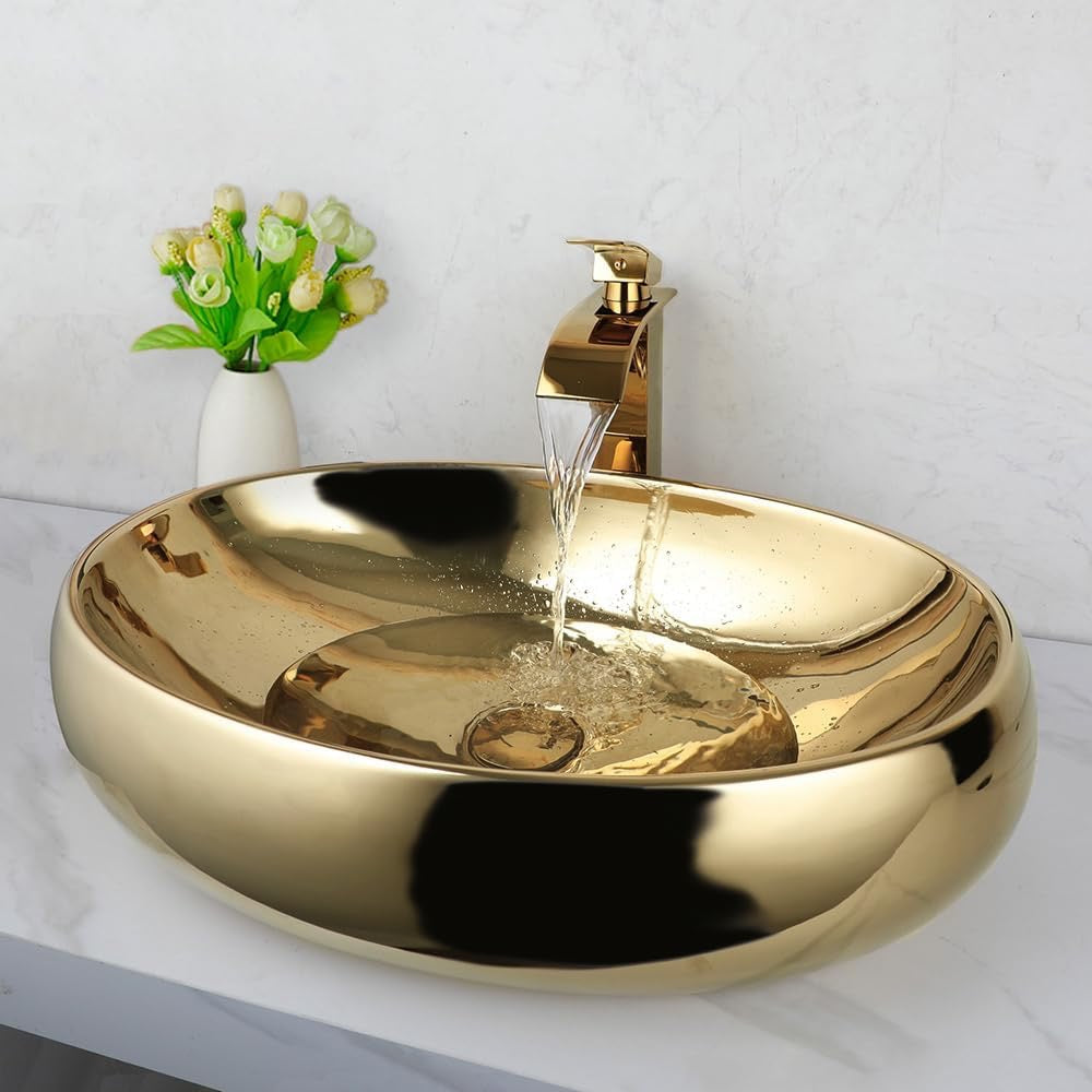 23 Inch Gold Ceramic Vessel Sink with Waterfall Faucet | Oval Above Counter Bathroom Sink with Pop-Up Drain