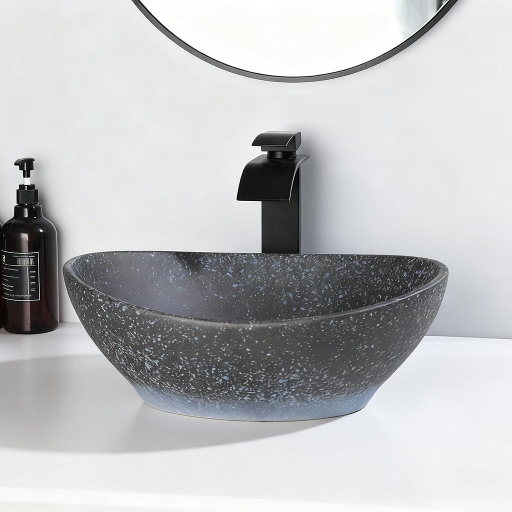 Black Oval Ceramic Vessel Sink | Above Counter Bathroom Bowl with Faucet & Drain Combo