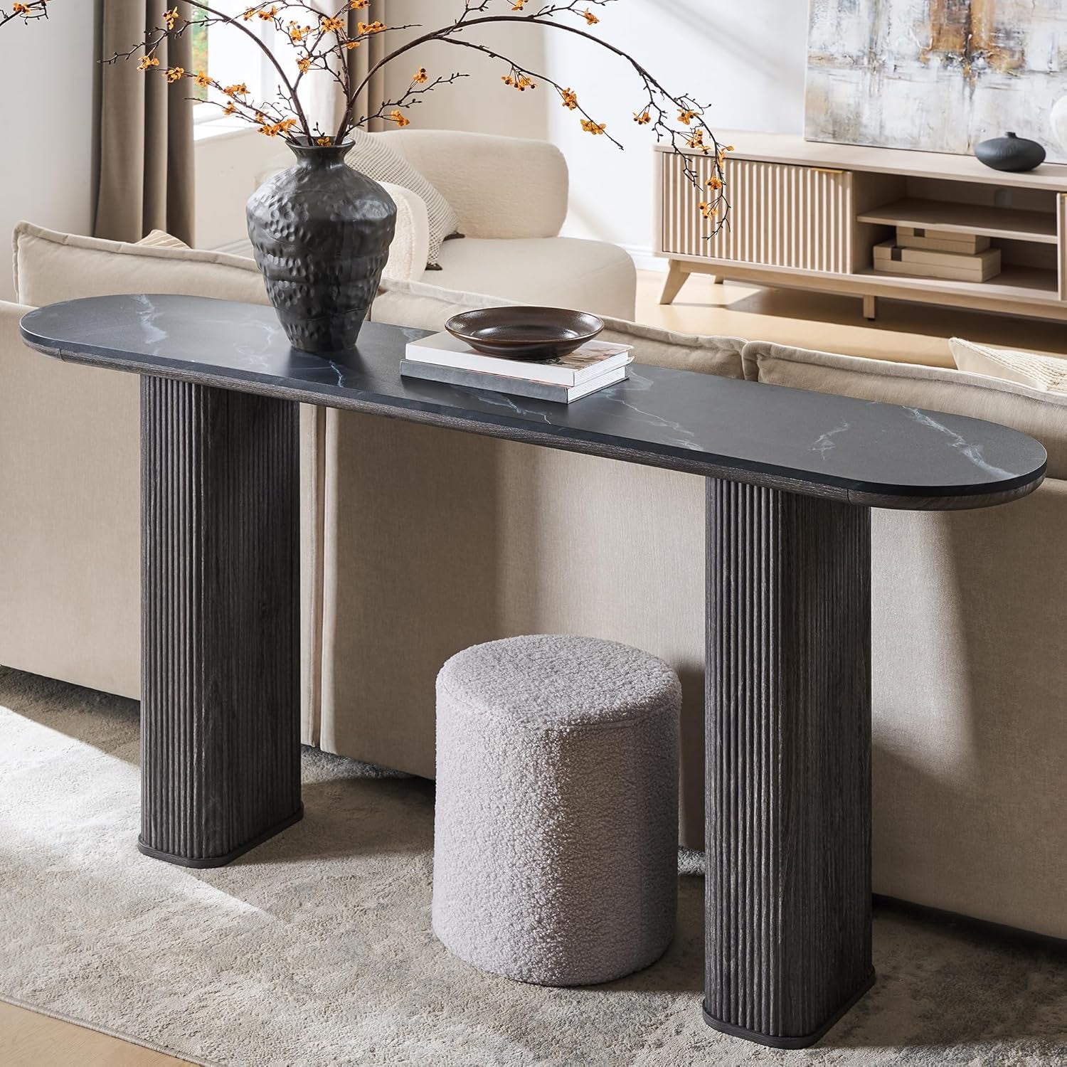 OKD 63” Fluted Console Table | Faux Marble Arc Top Entryway Sofa Table – Natural Oak