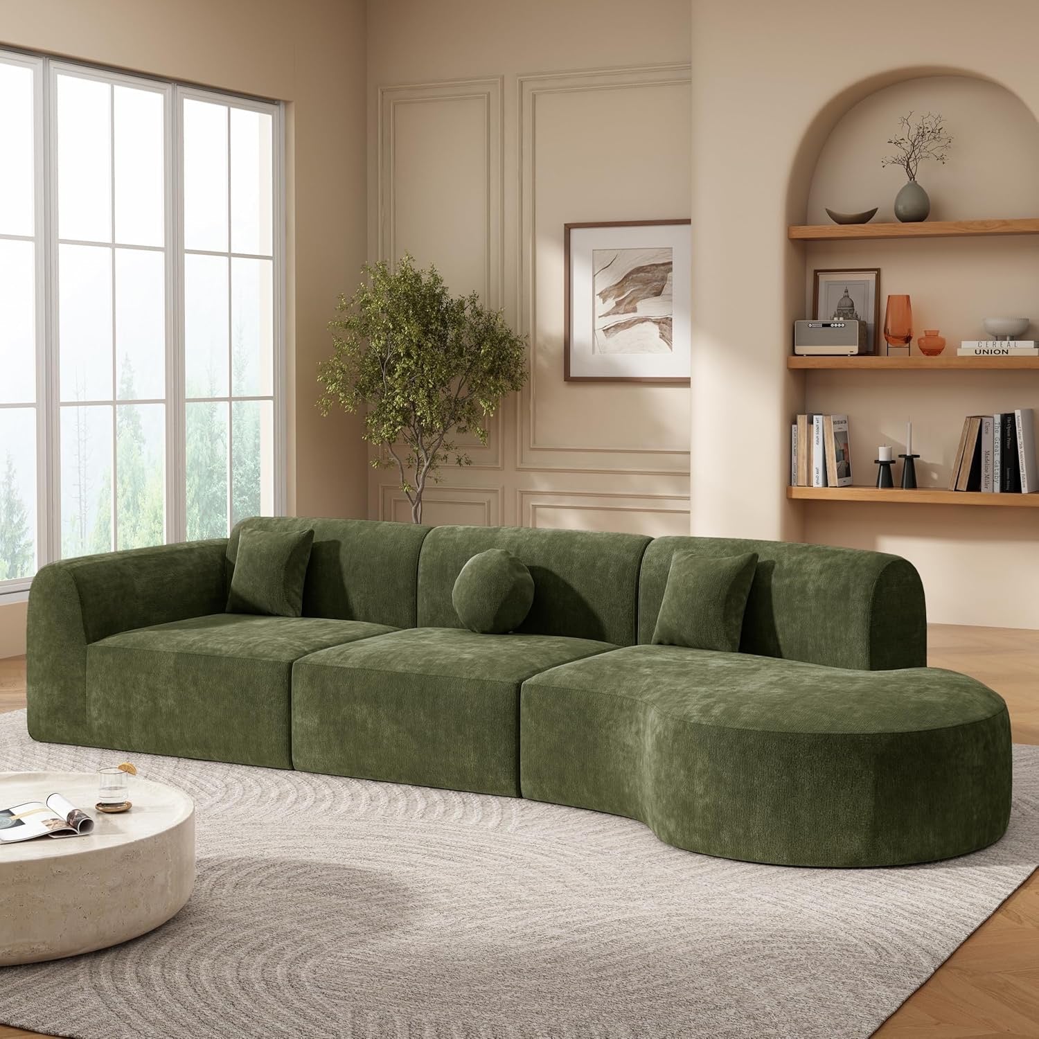 Merax 140" Curved Sectional Sofa 7-Seat | Modern Cloud Couch with Chaise Lounge Green Fully Assembled