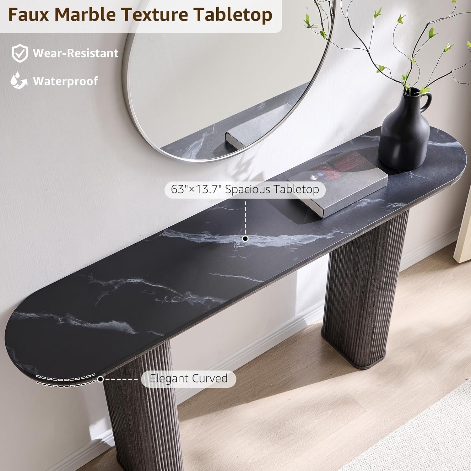 OKD 63” Fluted Console Table | Faux Marble Arc Top Entryway Sofa Table – Natural Oak