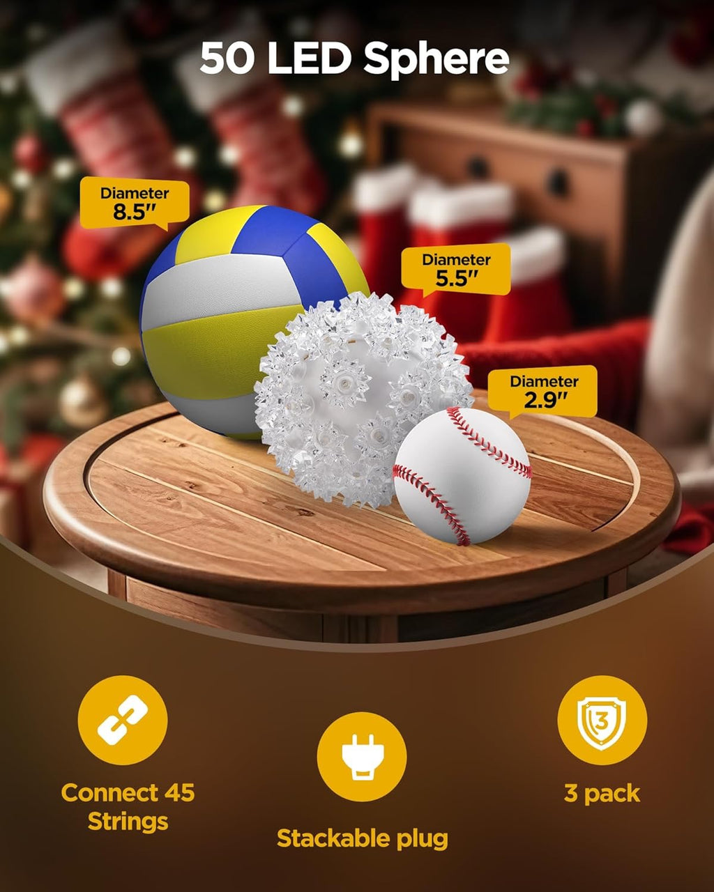 Brightown Outdoor Christmas Decorations — Starlight Sphere Balls (Set of 3, Warm White LED)