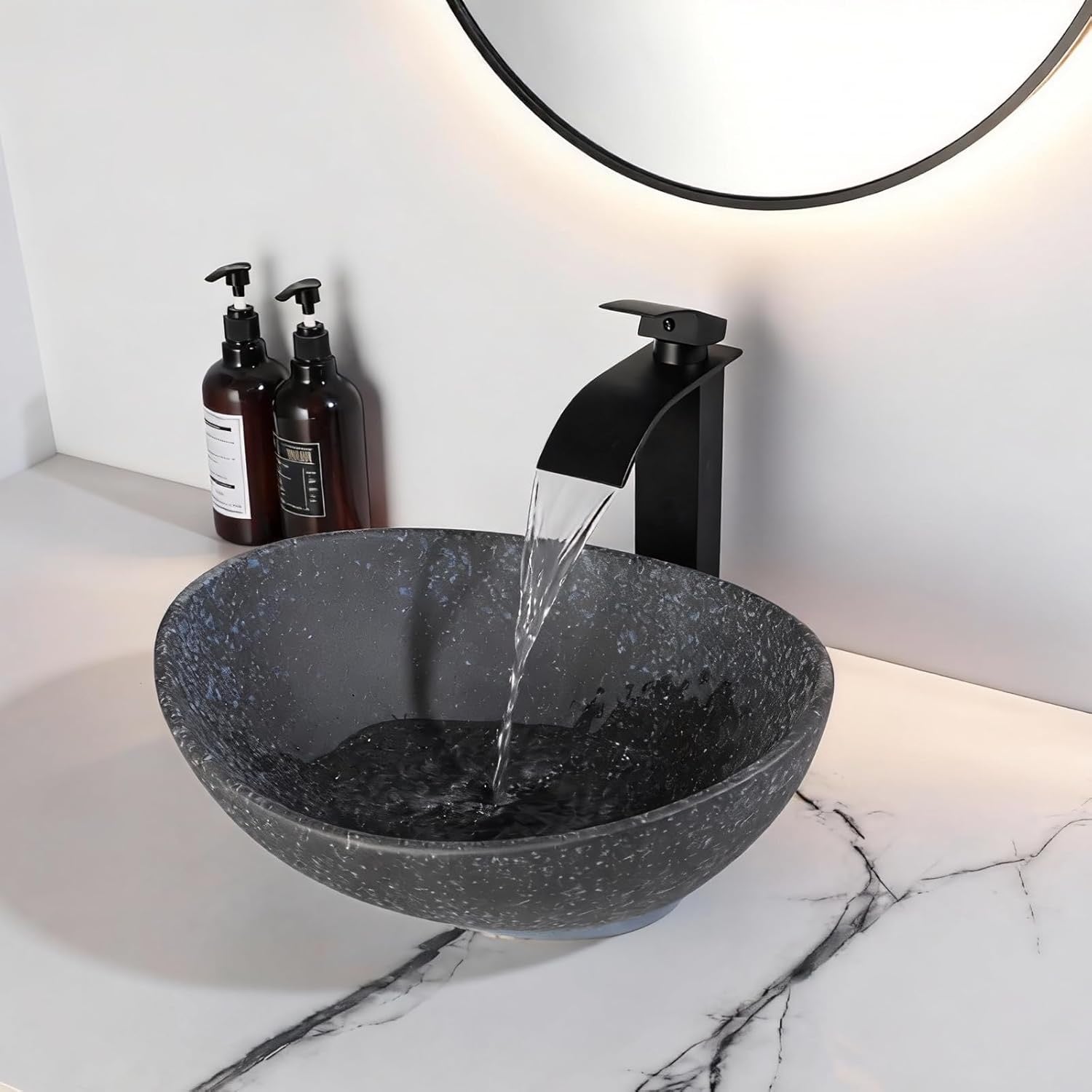 Black Oval Ceramic Vessel Sink | Above Counter Bathroom Bowl with Faucet & Drain Combo