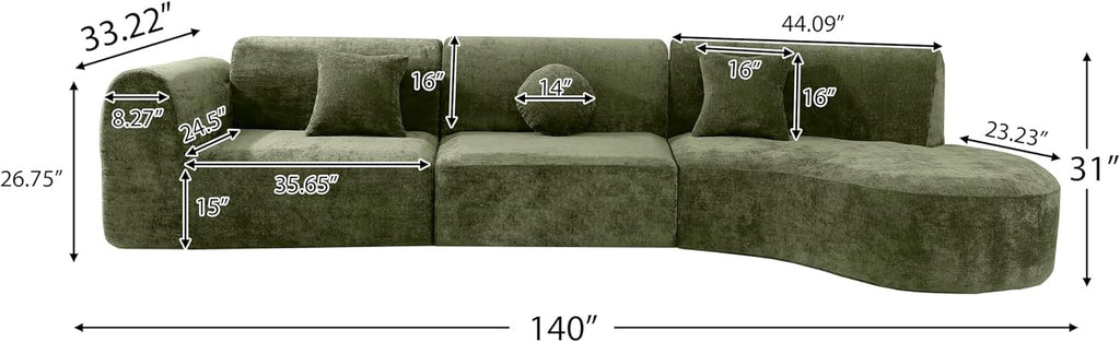 Merax 140" Curved Sectional Sofa 7-Seat | Modern Cloud Couch with Chaise Lounge Green Fully Assembled