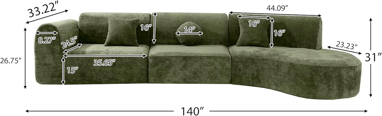 Merax 140" Curved Sectional Sofa 7-Seat | Modern Cloud Couch with Chaise Lounge Green Fully Assembled