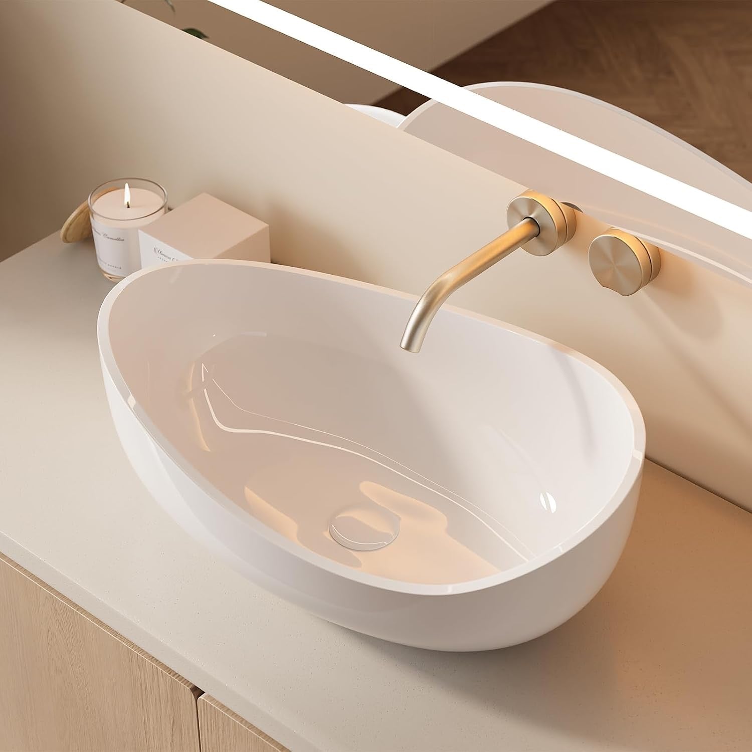 22.44” Oval Stone Resin Vessel Sink | Glossy White Modern Countertop Bathroom Basin with Pop-Up Drain