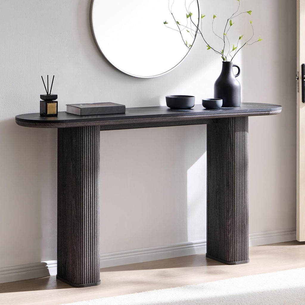 OKD 63” Fluted Console Table | Faux Marble Arc Top Entryway Sofa Table – Natural Oak