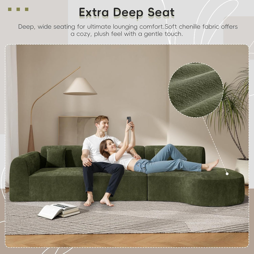 Merax 140" Curved Sectional Sofa 7-Seat | Modern Cloud Couch with Chaise Lounge Green Fully Assembled