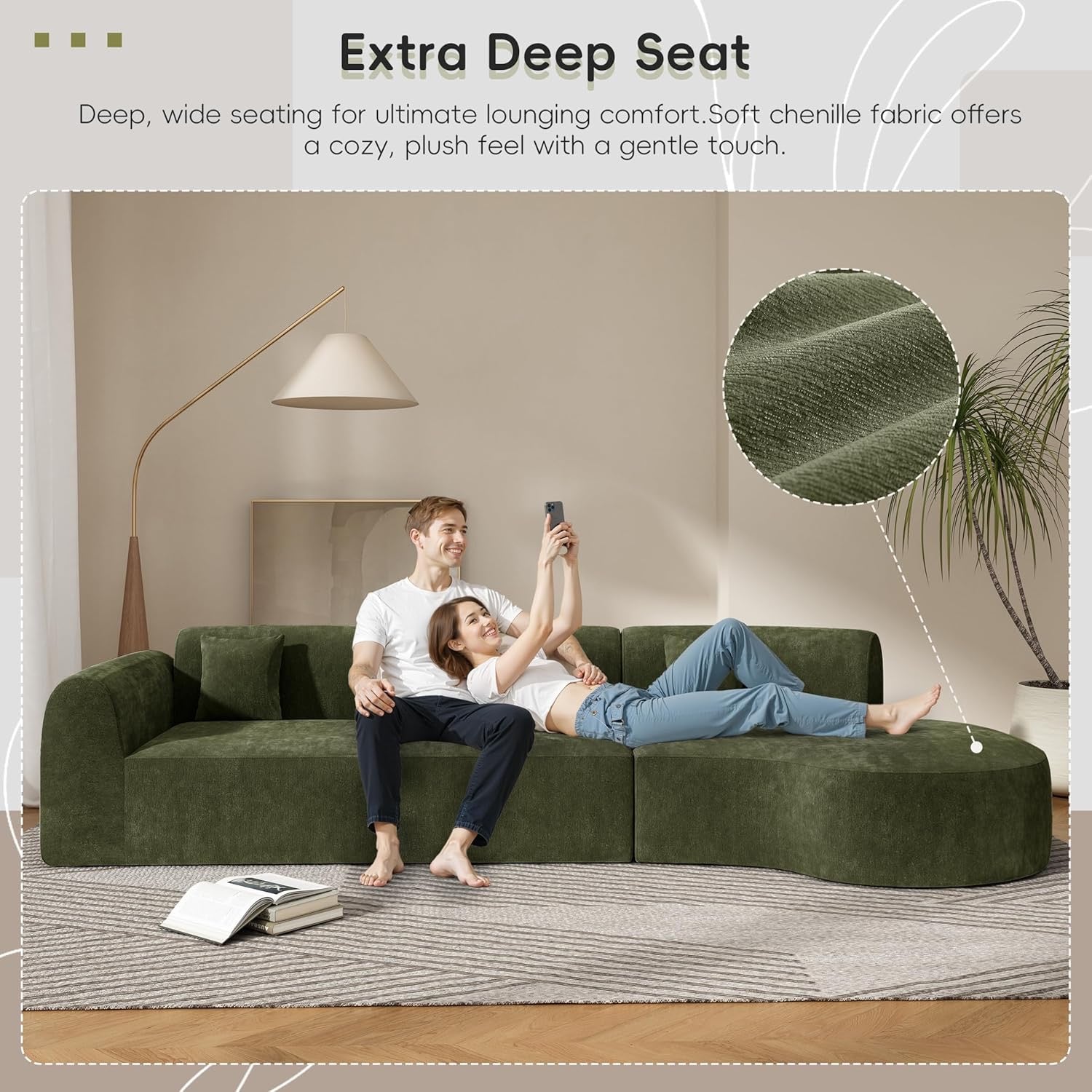 Merax 140" Curved Sectional Sofa 7-Seat | Modern Cloud Couch with Chaise Lounge Green Fully Assembled