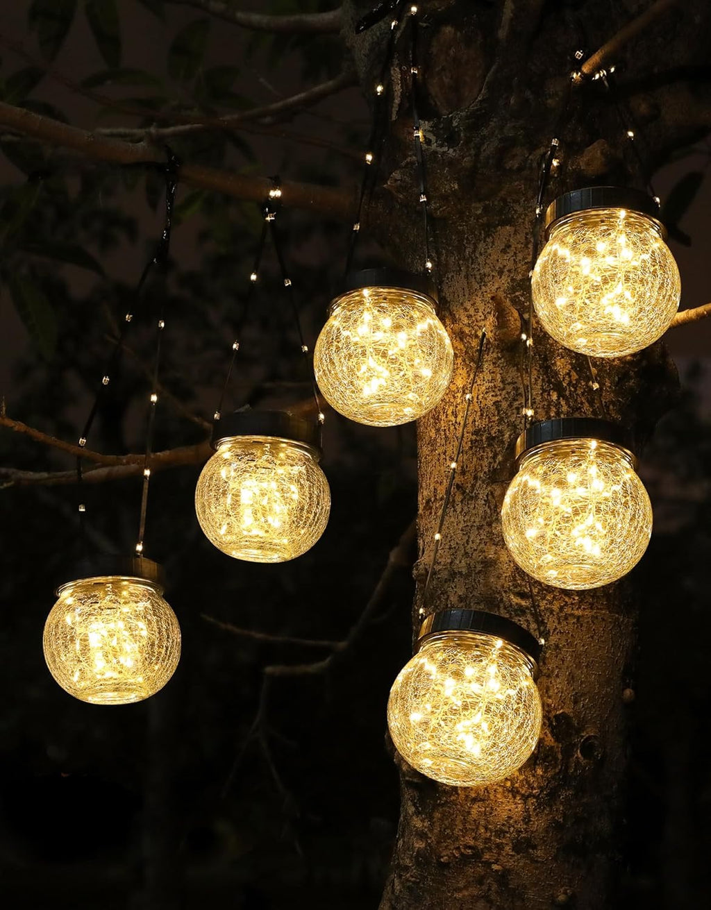 Solar Lanterns Outdoor Waterproof Lights (6-Pack) | Solar Powered Hanging Cracked Glass Globes for Garden, Tree & Holiday Decor