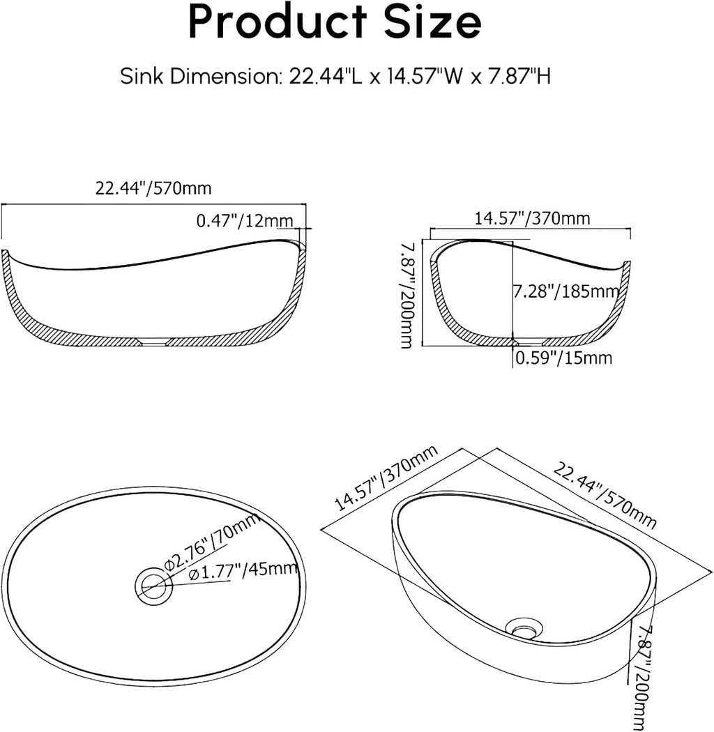 22.44” Oval Stone Resin Vessel Sink | Glossy White Modern Countertop Bathroom Basin with Pop-Up Drain