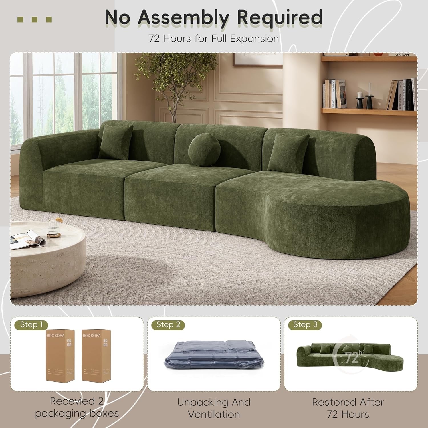 Merax 140" Curved Sectional Sofa 7-Seat | Modern Cloud Couch with Chaise Lounge Green Fully Assembled