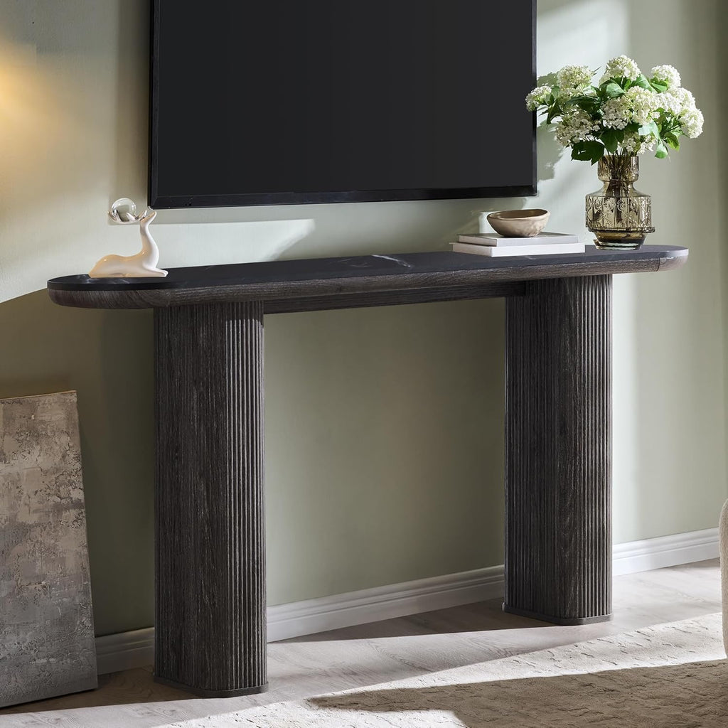 OKD 63” Fluted Console Table | Faux Marble Arc Top Entryway Sofa Table – Natural Oak