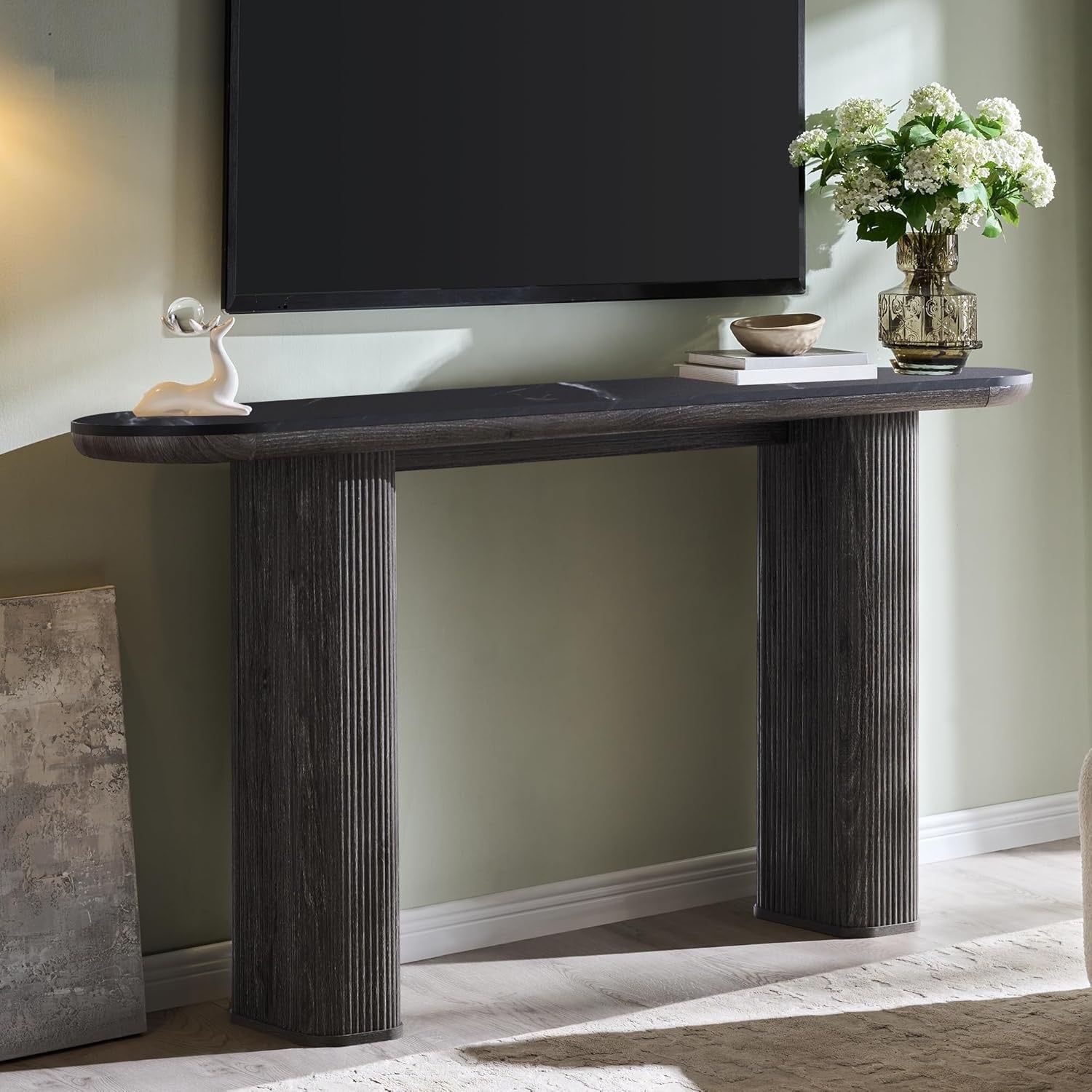 OKD 63” Fluted Console Table | Faux Marble Arc Top Entryway Sofa Table – Natural Oak