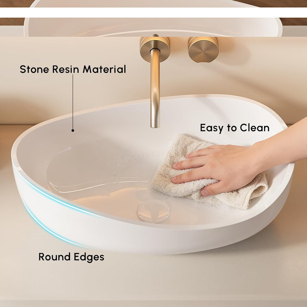 22.44” Oval Stone Resin Vessel Sink | Glossy White Modern Countertop Bathroom Basin with Pop-Up Drain