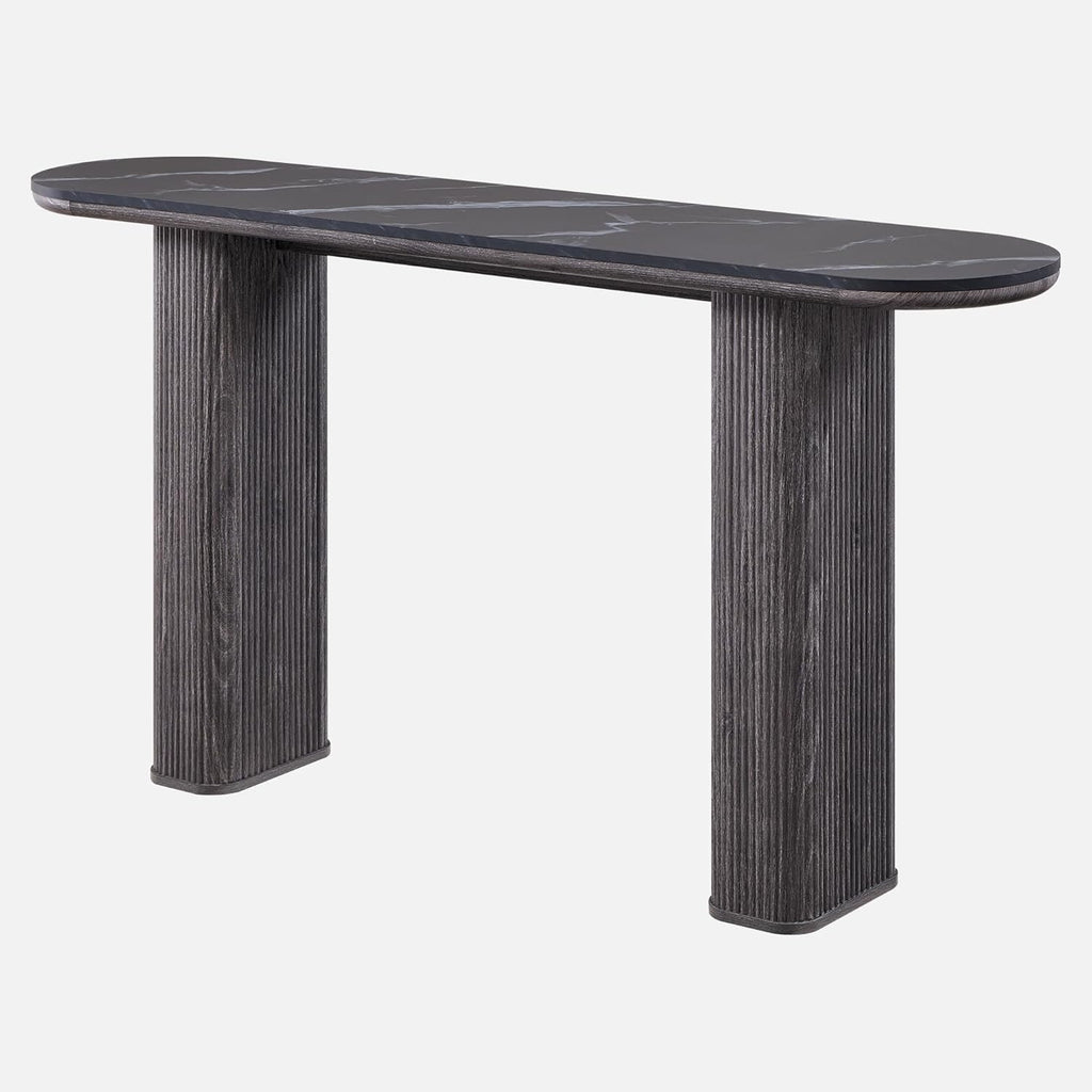 OKD 63” Fluted Console Table | Faux Marble Arc Top Entryway Sofa Table – Natural Oak