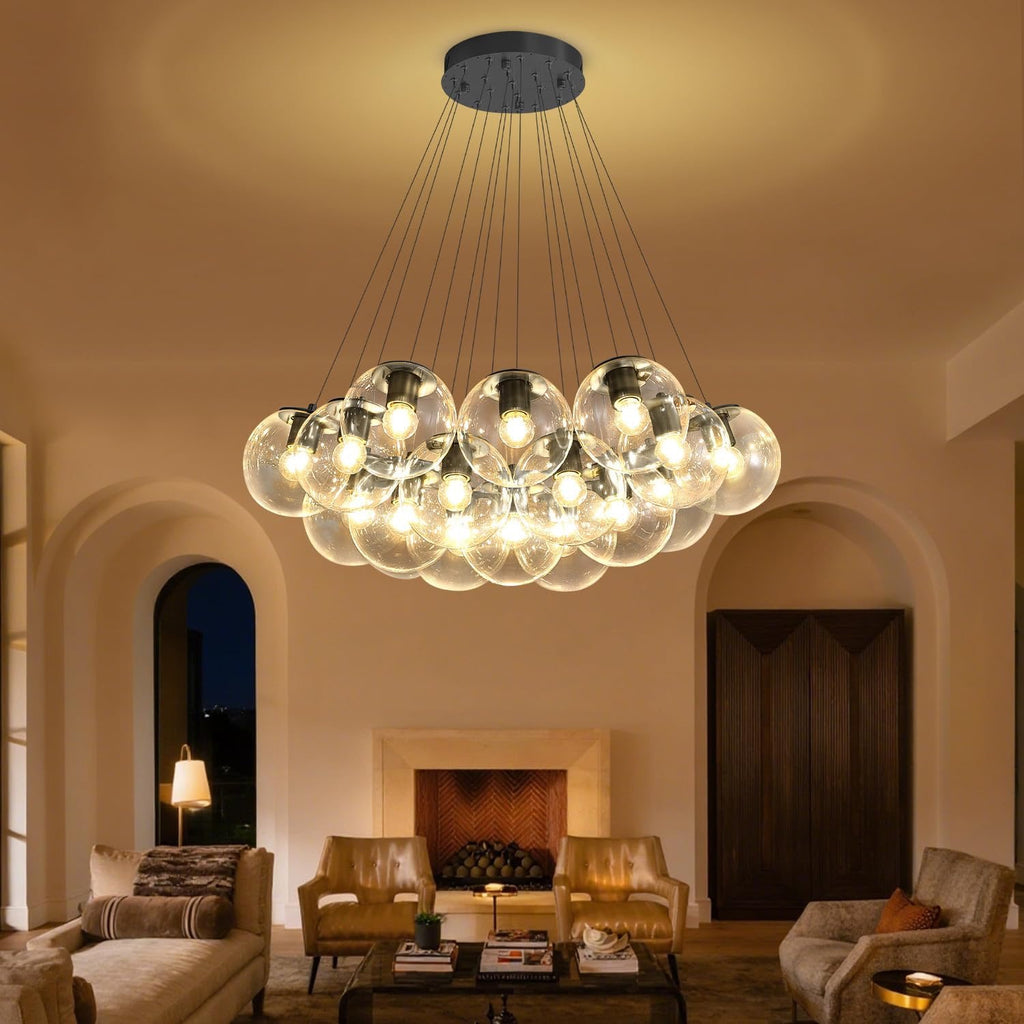 Modern 19-Light Bubble Chandelier – Black Glass Globe Pendant Lighting for Living Room, Dining Room & Entryway